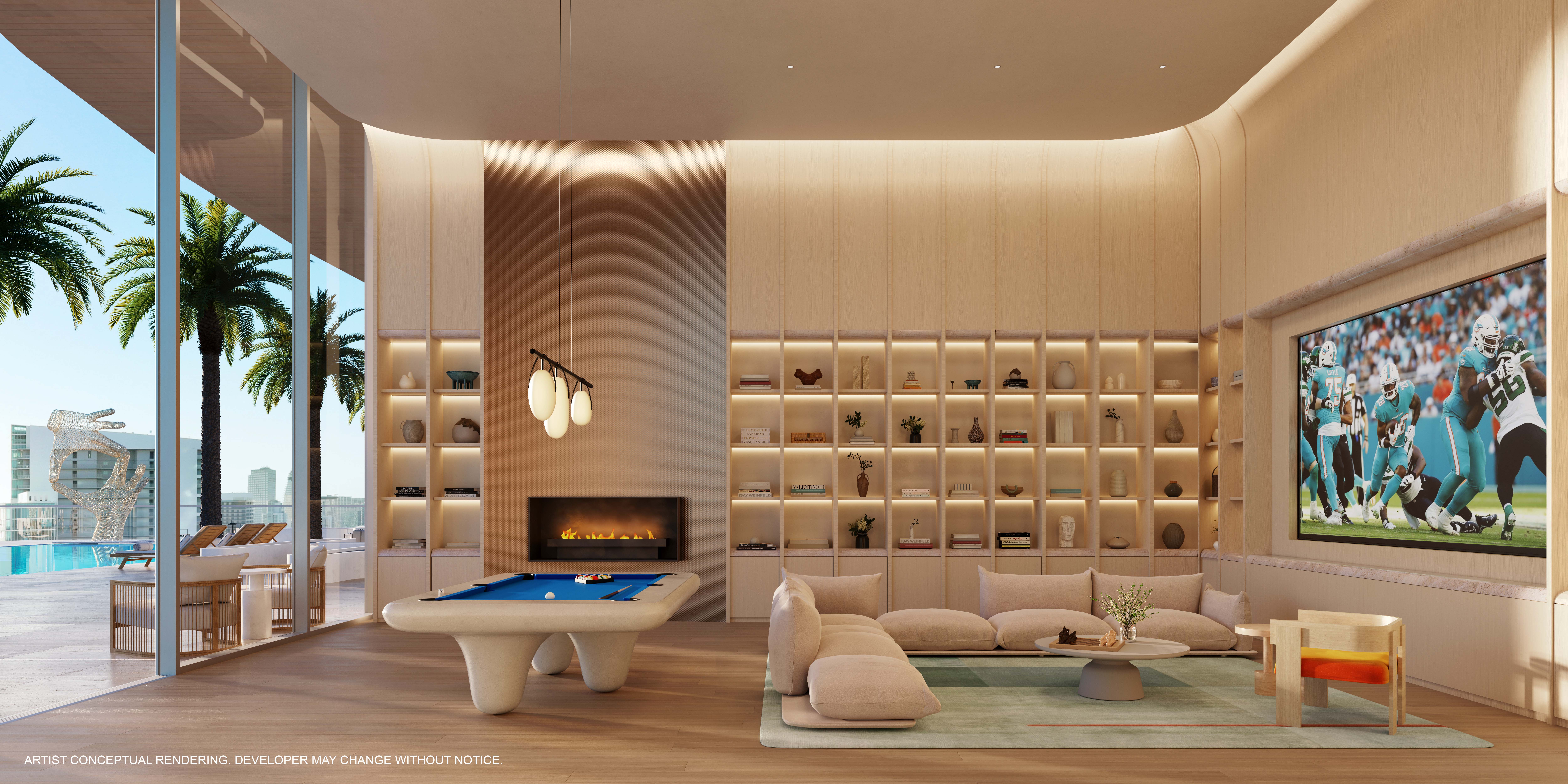 Entertainment lounge with billiards and large-format television